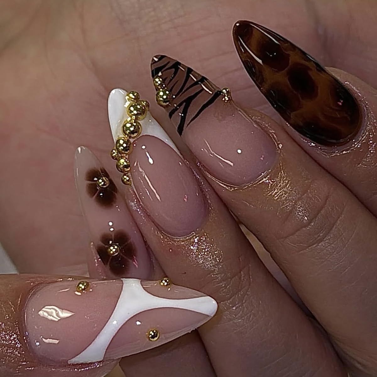 French Tip Almond Press-On Nails - Cat's Eye Acrylic with 3D Charms | 24 Pcs Set