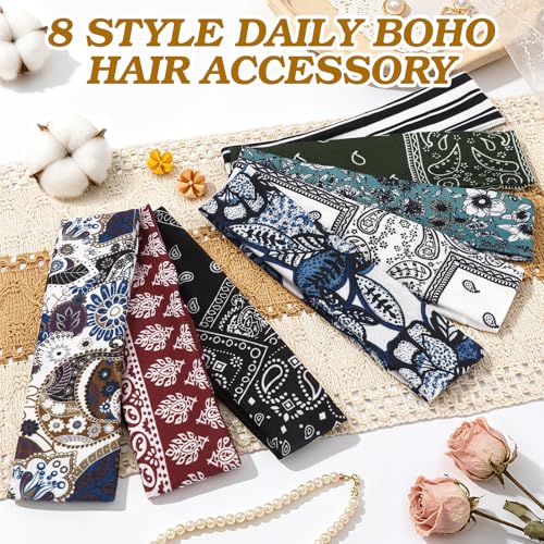 Yunaking 8pcs Boho Headbands Set for Women - Trendy Floral Tribal Style, Soft & Non-Slip, Perfect for Yoga, Summer & Gifts
