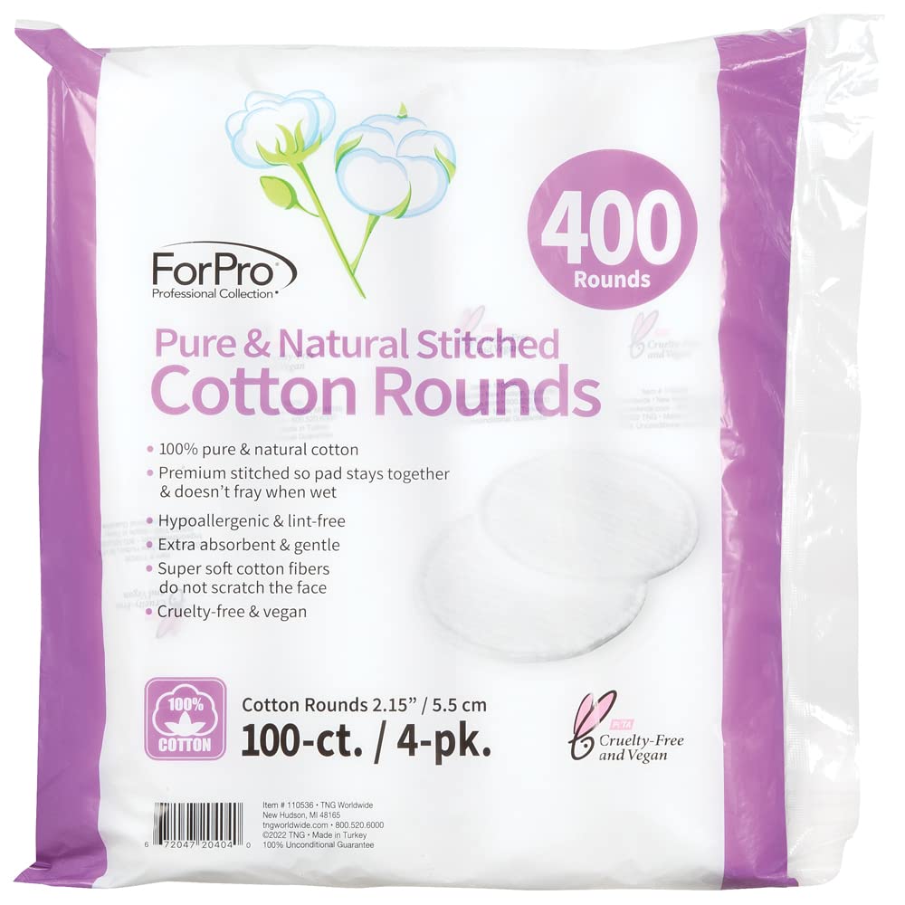 Pure & Natural Cotton Rounds - Hypoallergenic Makeup Remover Pads | 400-Count, Lint-Free, Vegan