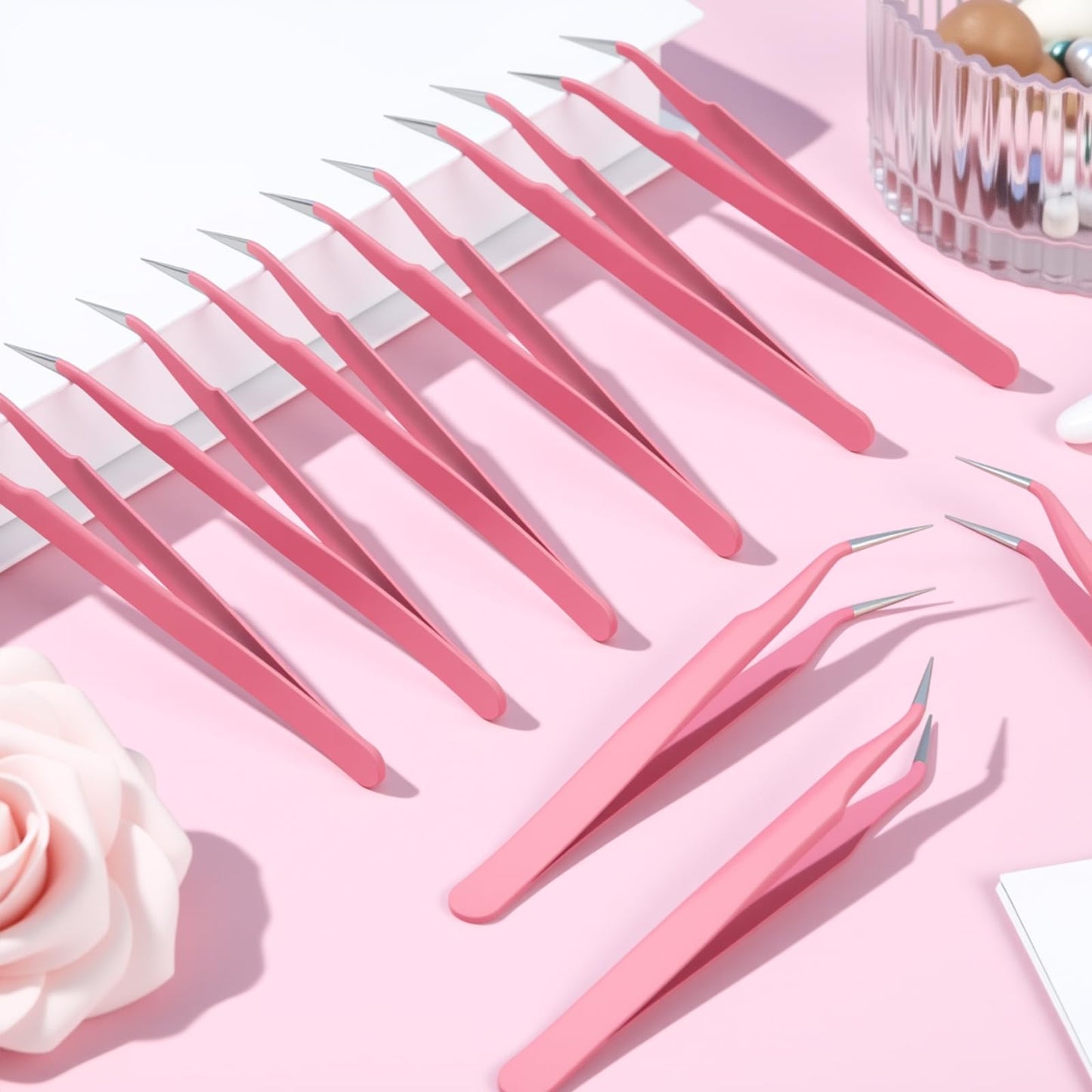 Honoson 9 Pieces Curved Pointed Craft Tweezers Stainless Steel Precision Tweezer with Protective Cover for Rhinestones Dried Flowers Craft Stickers Eyelash Extension Jewelry Making(Pink)