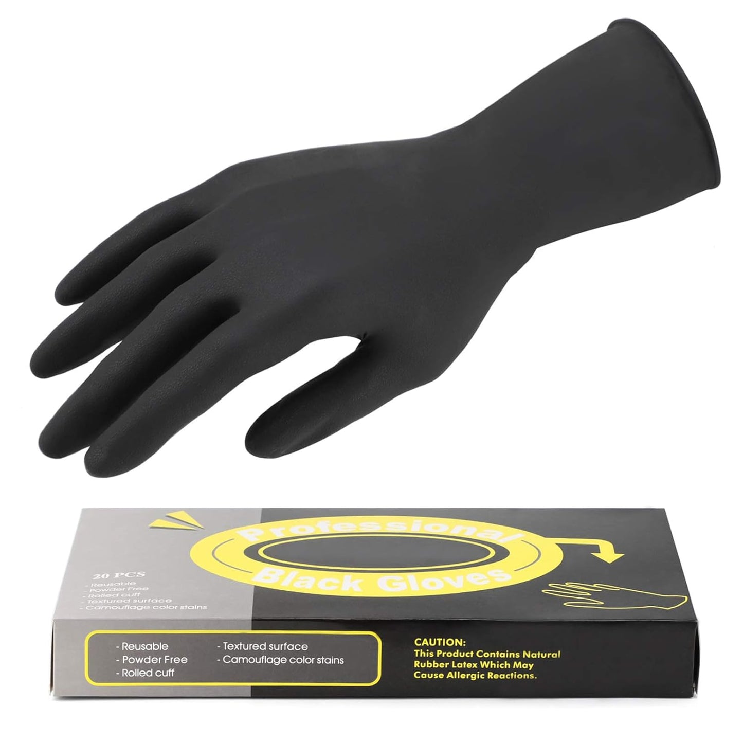 Hair Dye Gloves - 20 Count Black Reusable Rubber Gloves for Professional Hair Coloring | Medium Size