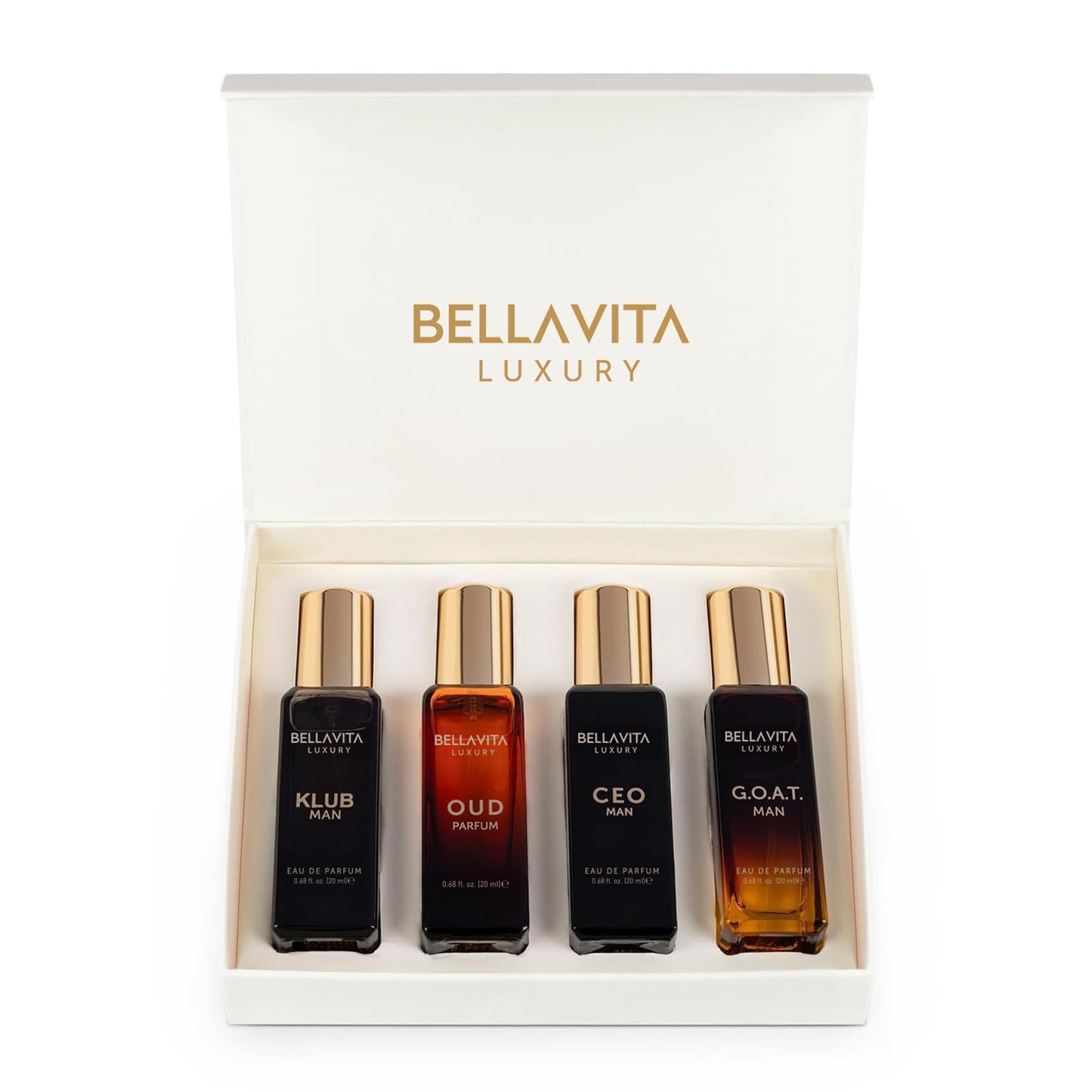 BellaVita Luxury Men's Perfume Gift Set with CEO Man, G.O.A.T., KLUB & OUD | 4 x 20ml (80ml) | Long Lasting Perfume for Men | Citrus, Woody, Patchouli & Caramel Notes | Gift for Father's Day