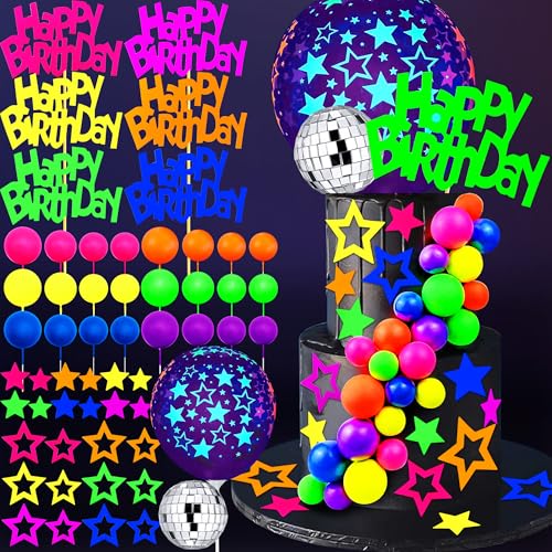 56 PCS Neon Glow Cake Topper Set - Happy Birthday & Star Toppers