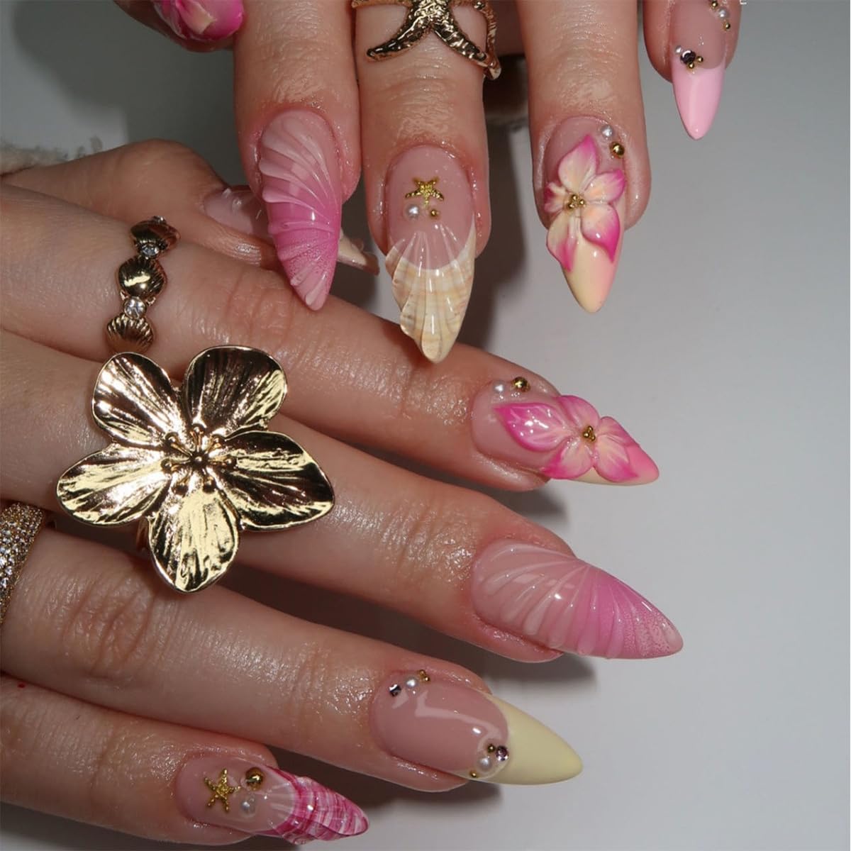 Medium Almond French Tip Press-On Nails - 3D Hibiscus & Gold Starfish Design | 24 Pcs Glossy Summer Acrylics