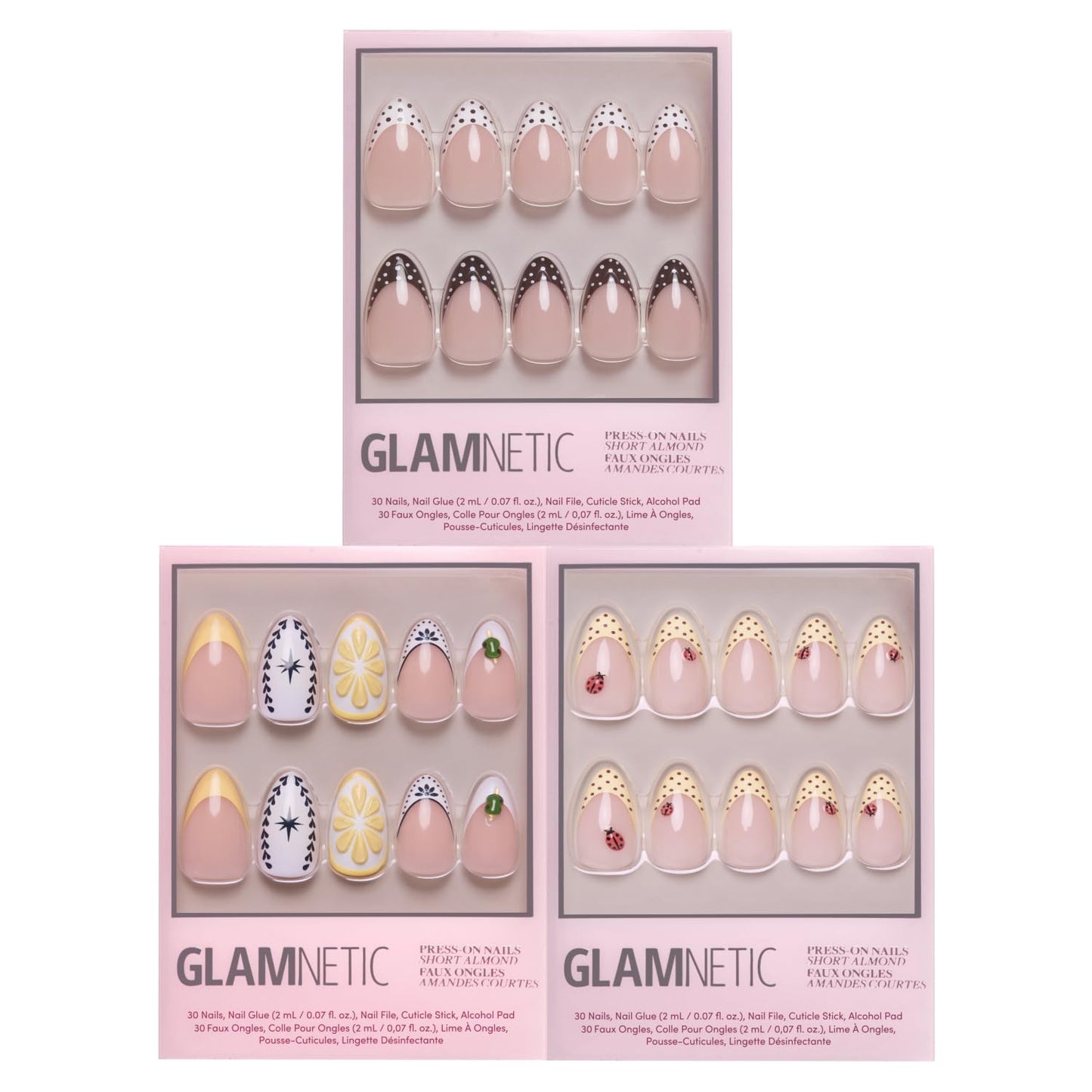 Glamnetic Short Almond Press-On Nails Bundle - Polka Dot French Tips & Ladybugs | Brown & Yellow Mismatched Design