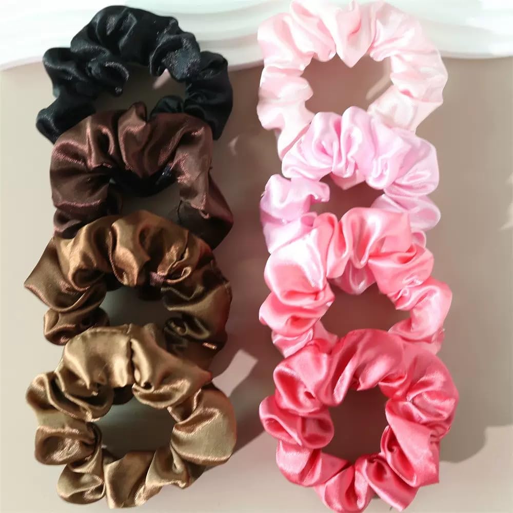 8Pcs Satin Silk Scrunchies Soft Hair Ties Fashion Hair Bands Hair Bow Ropes Elastic Bracelets Ponytail Holders Hair Accessories for Women（Khaki+Pink）