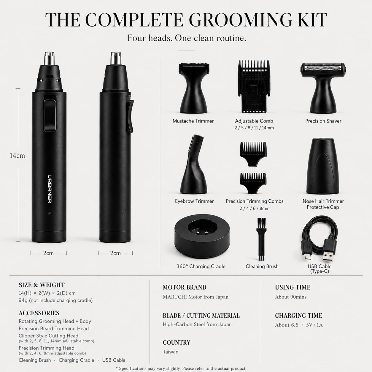 URBANER Nose Hair Trimmer for Men, Japanese Motor, USB Charger, IPX8 Waterproof, 4-in-1 Grooming Set, Ear and Nose Hair Trimmer, Eyebrows Trimmer, Portable Electric Shaver, Gifts MB-990