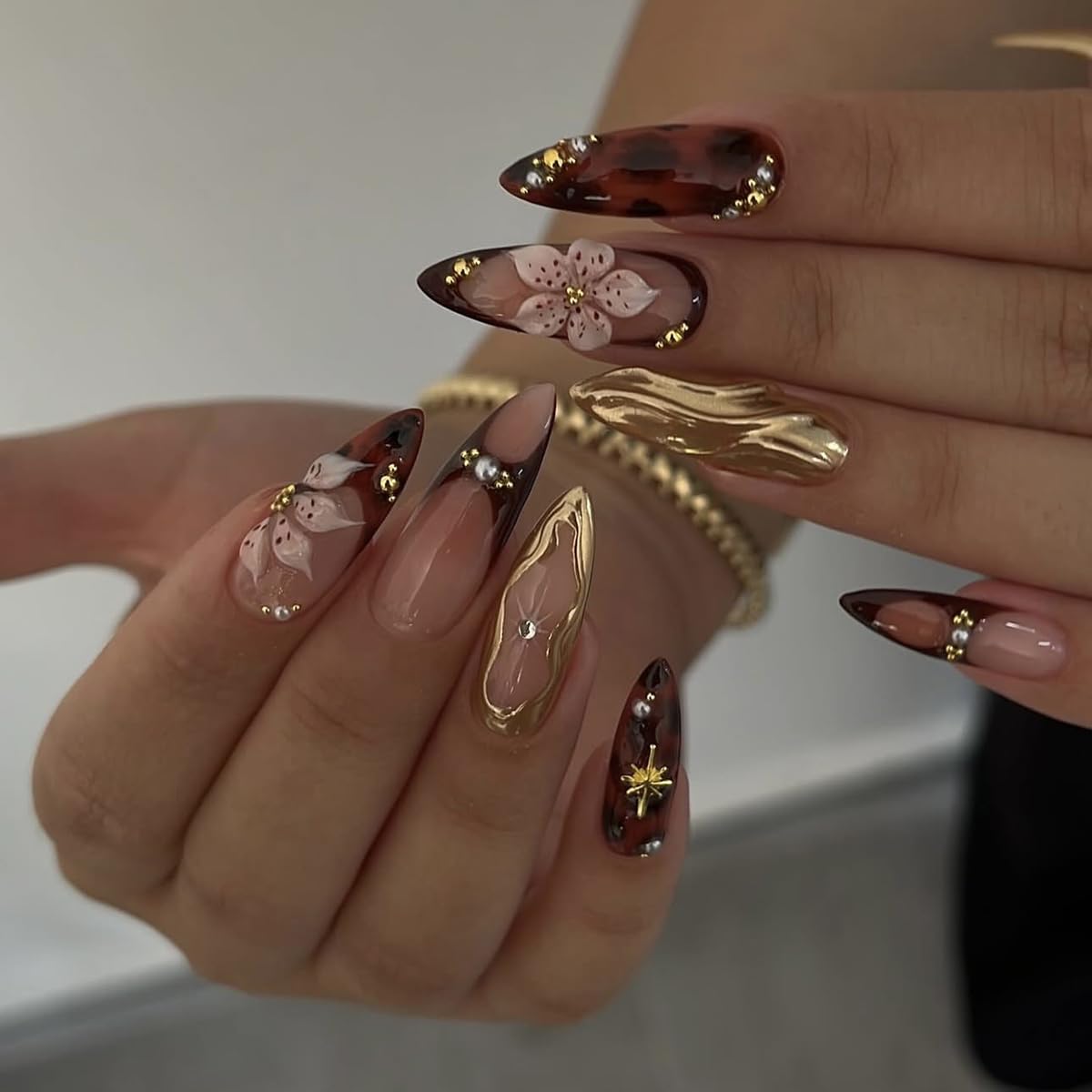 French Tip Almond Press-On Nails - Cat's Eye Acrylic with 3D Charms | 24 Pcs Set