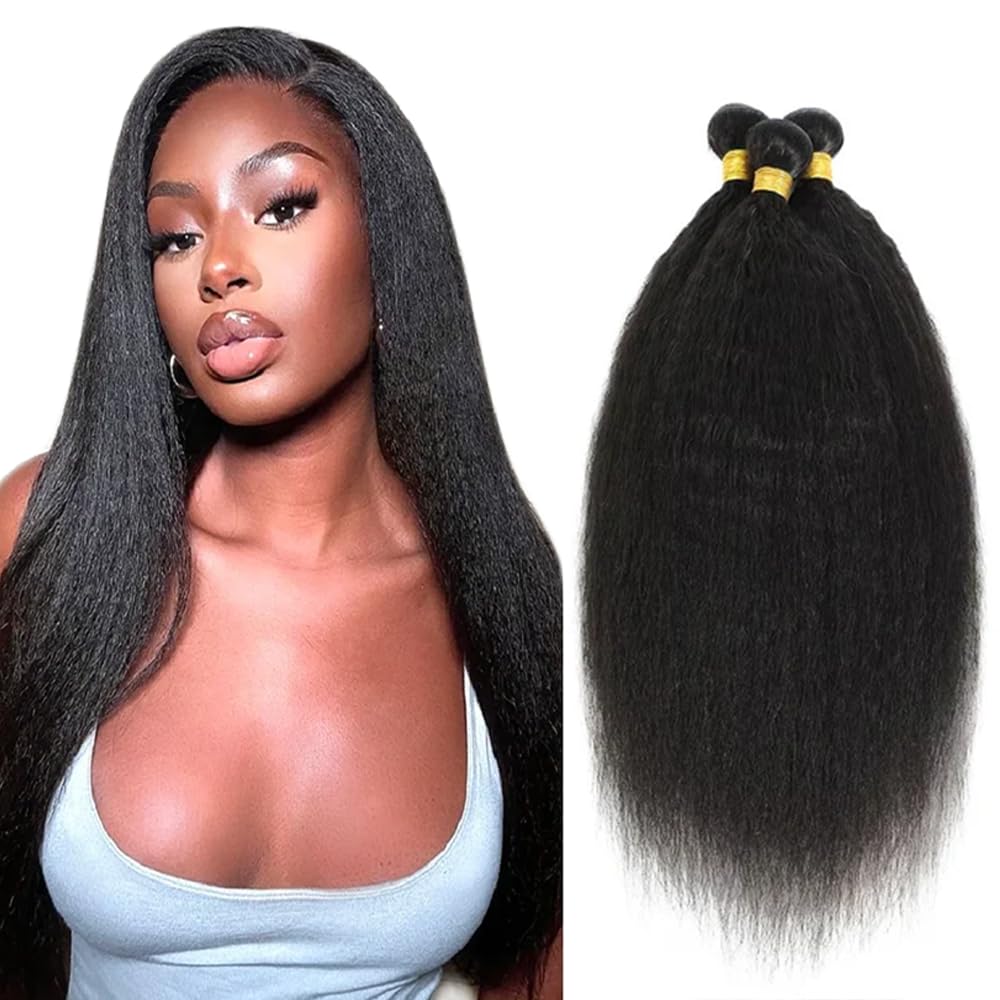 16 16 16 Inch Yaki Straight Bundles Human Hair Bundles #1B Natural Black Color Kinky Straight 3 Bundles 50g/Bundle Unprocessed Brazilian Virgin Weave Hair Extensions for Black Women
