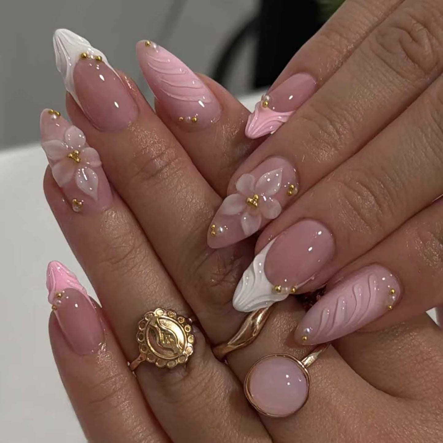 Leopard Print Press-On Nails - 30 Pcs Medium Almond Acrylic with Heart Pearl Bow & Rhinestones | Romantic Valentine’s French Tip Design
