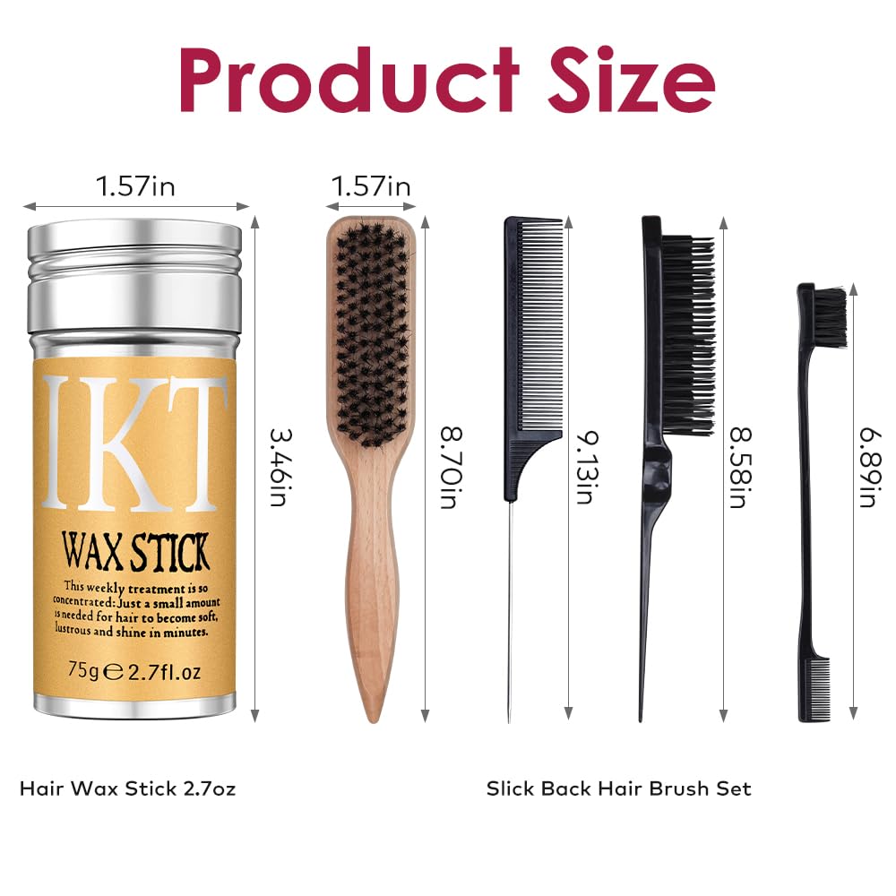 Melous Hair Wax Stick with Slick Back Hair Brush Set for Flyaways, Teasing Boar Bristle Brush, Edge Hair Brushes, Volume Comb, Rat Tail Comb for Girls, Kids, Women & Men
