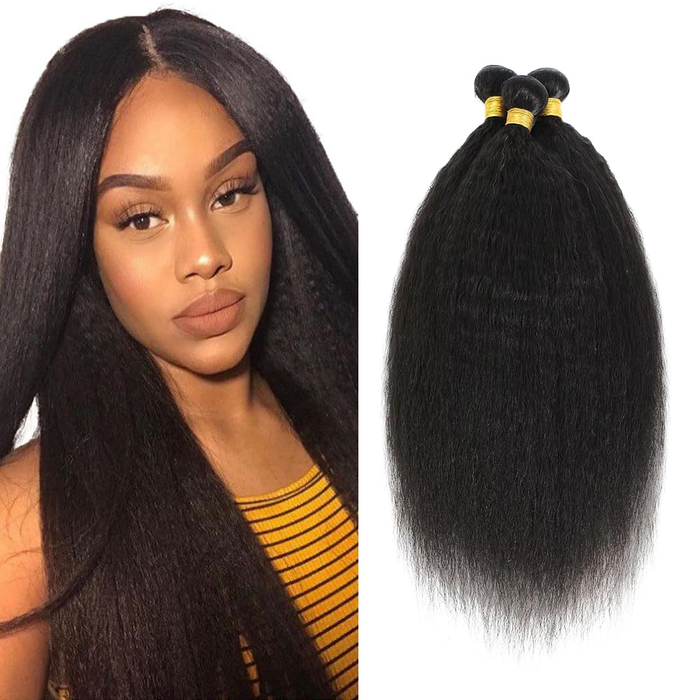 26 28 30 Inch Yaki Straight Bundles Human Hair Bundles #1B Natural Black Color Kinky Straight 3 Bundles Unprocessed Brazilian Virgin Weave Hair Extensions 50 Gram Per Bundle for Black Women