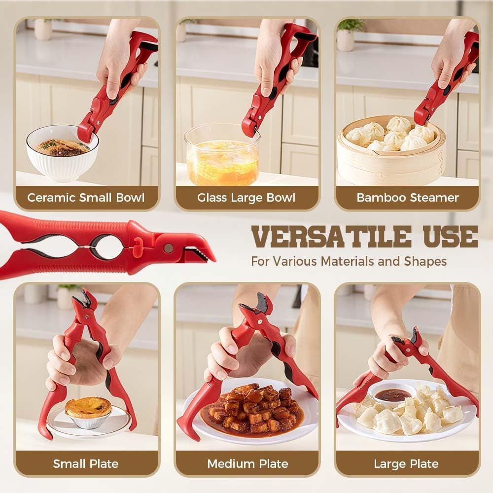 3-in-1 Hot Plate Gripper - Multi-Angle Anti-Scald Bowl Holder Tool | Red, Secure Lock Design