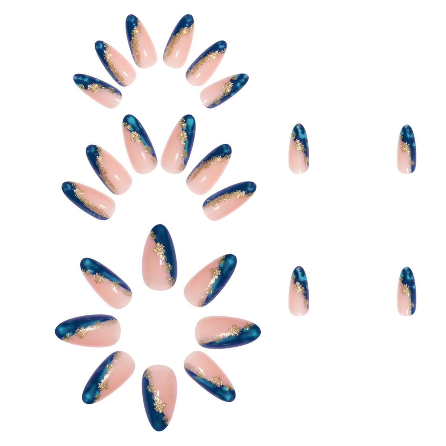 Almond Medium Press-On Nails - Blue Marble Full Cover with Gold Foil | 24 Pcs Glossy Artificial Nail Art for Women