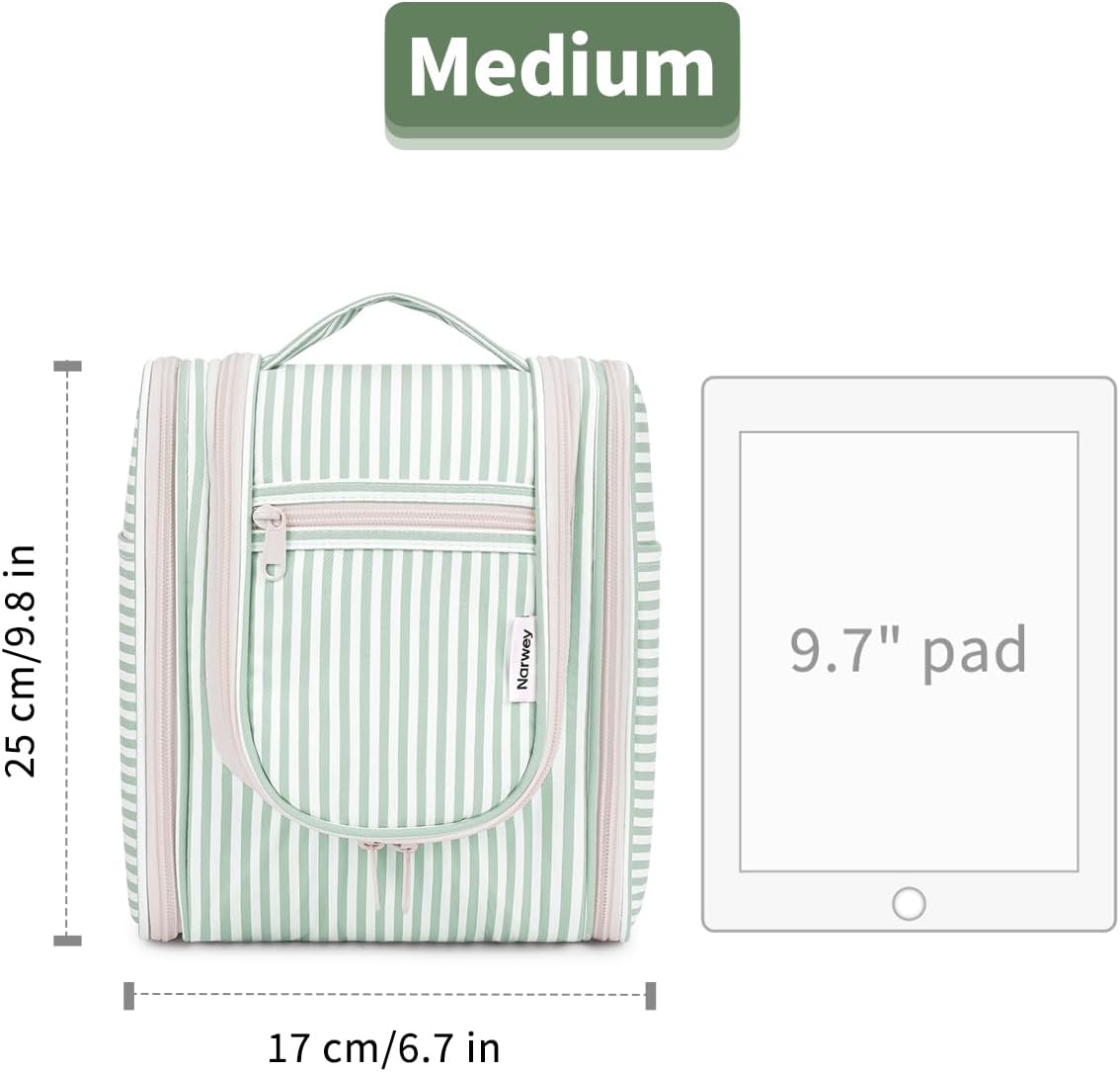 Narwey Travel Toiletry Bag - Small Striped Makeup Organizer for Women | Mint Green Stripe