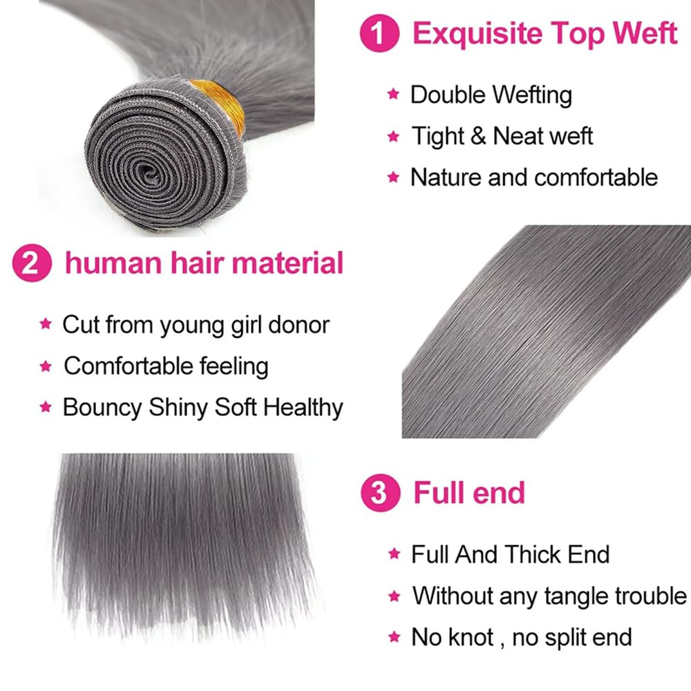 28 30 32 Inch Freiuoke Silver Human Hair Bundles Grey Straight Bundle Gray Hair Weave 3 Bundles Gray Color Long Hair Extensions