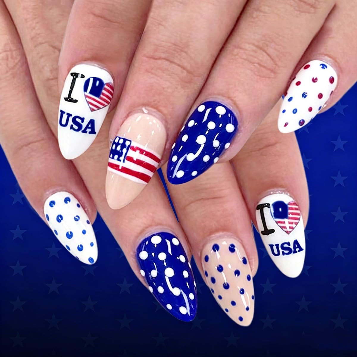 4th of July Press on Nails Polka Dot Fake Nails Medium Almond False Nails with American Flag & Heart Designs Red White Blue Patriotic Nail Reusable Full Cover Glue on Nails for Women Kit 24Pcs