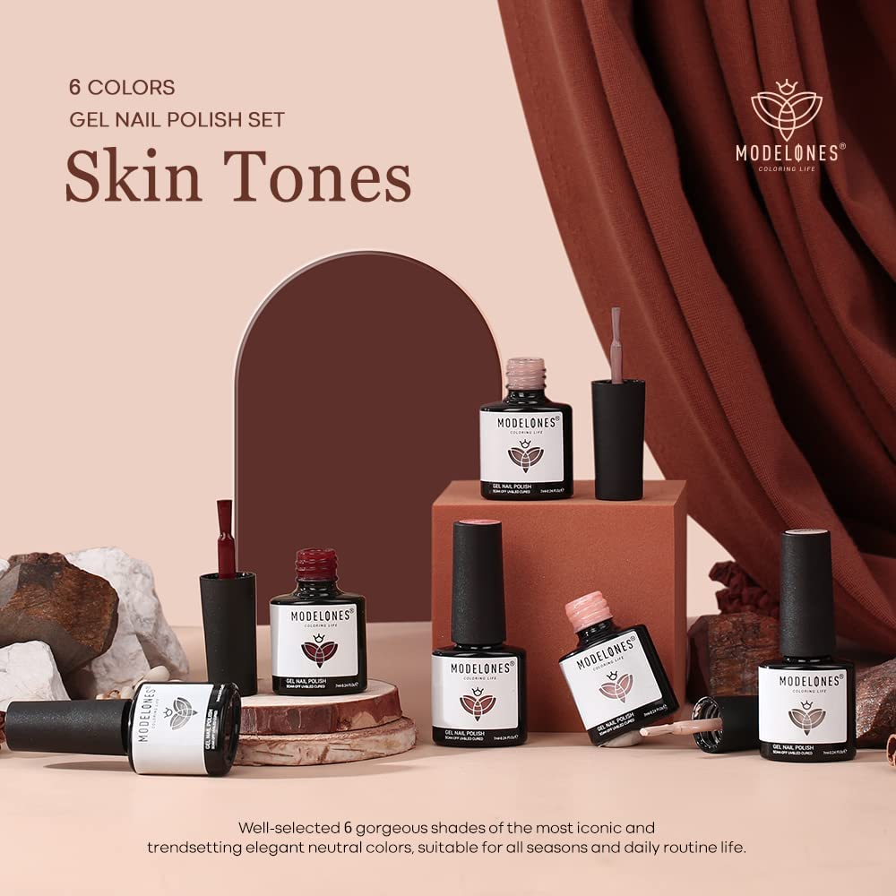 Gel Nail Polish Kit - 6 Colors for Skin Tones | Nude Pink, Milky White & Neutral Brown Soak Off Set