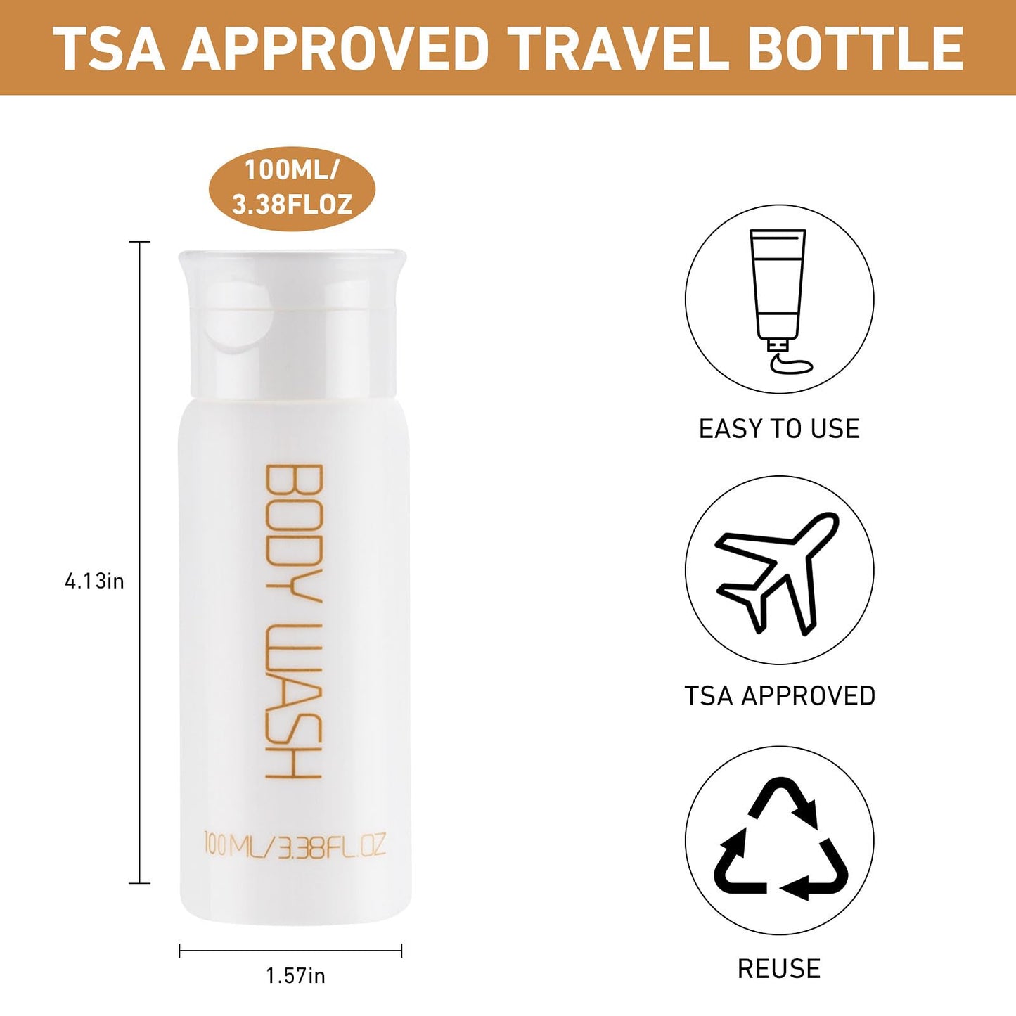 Wowang Travel Bottles for Toiletries 5 PCS 3.38 oz/100ml TSA Approved Leak Proof HDPE Plastic Containers with Pre-Printed Text (No Stickers Needed), Refillable Squeeze Bottle for Shampoo & Lotion