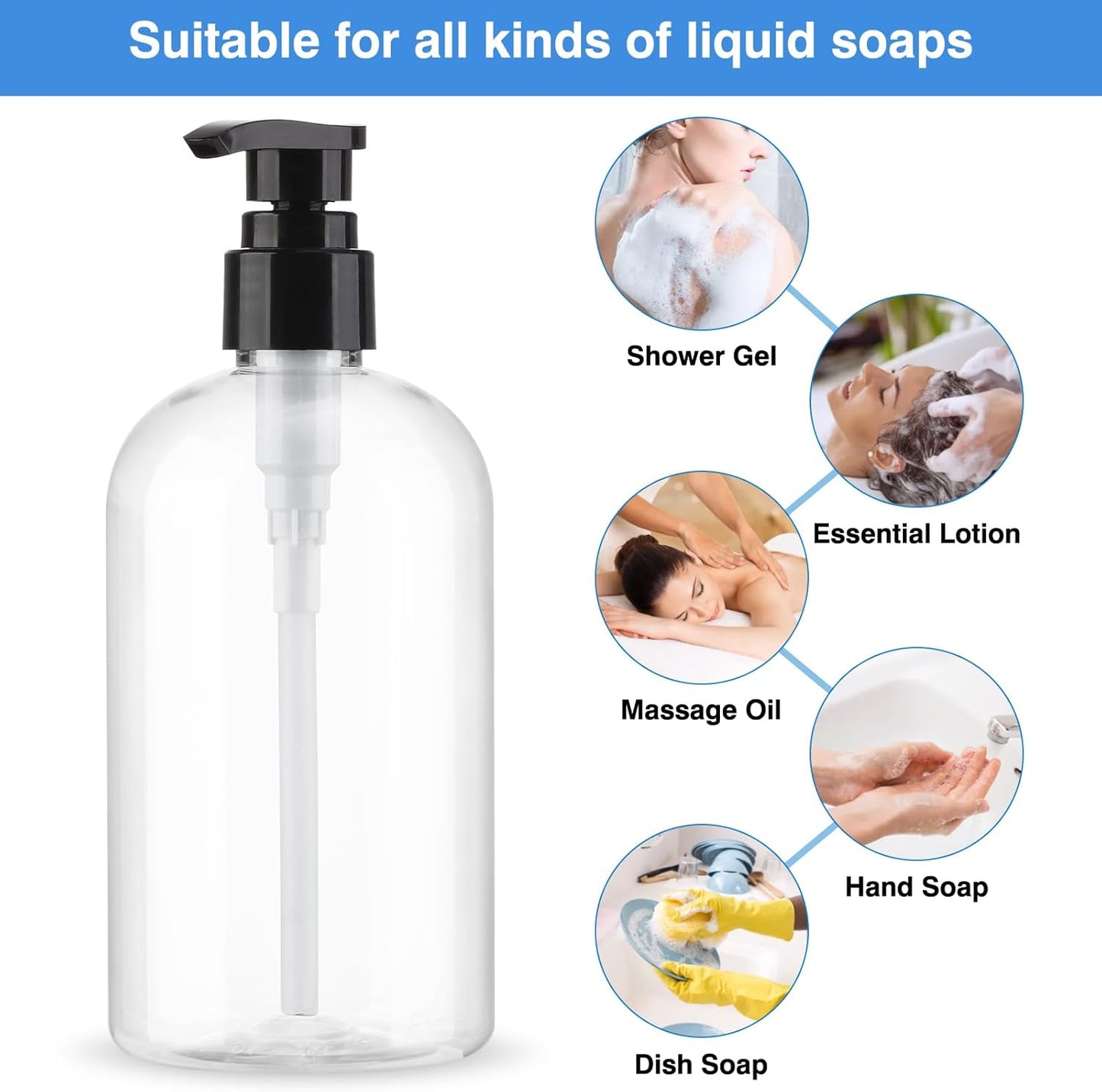 Empty Pump Bottles Dispenser - 2 Pack 300ml Clear Plastic for Essential Oils, Soap, Lotion & Shampoo