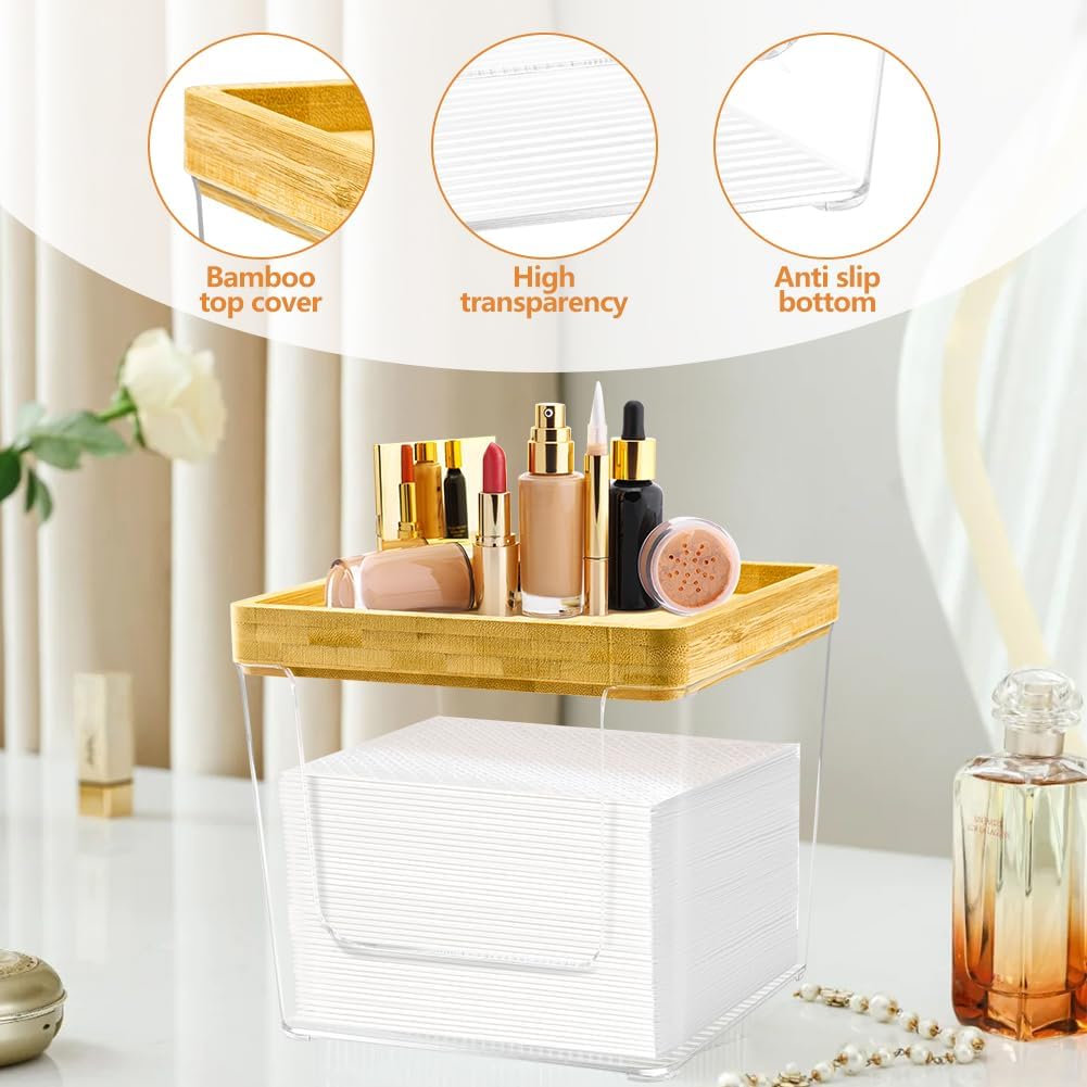 Acrylic Disposable Face Towel Holder Box - Large Bathroom Organizer with Bamboo Lid | Clear Design