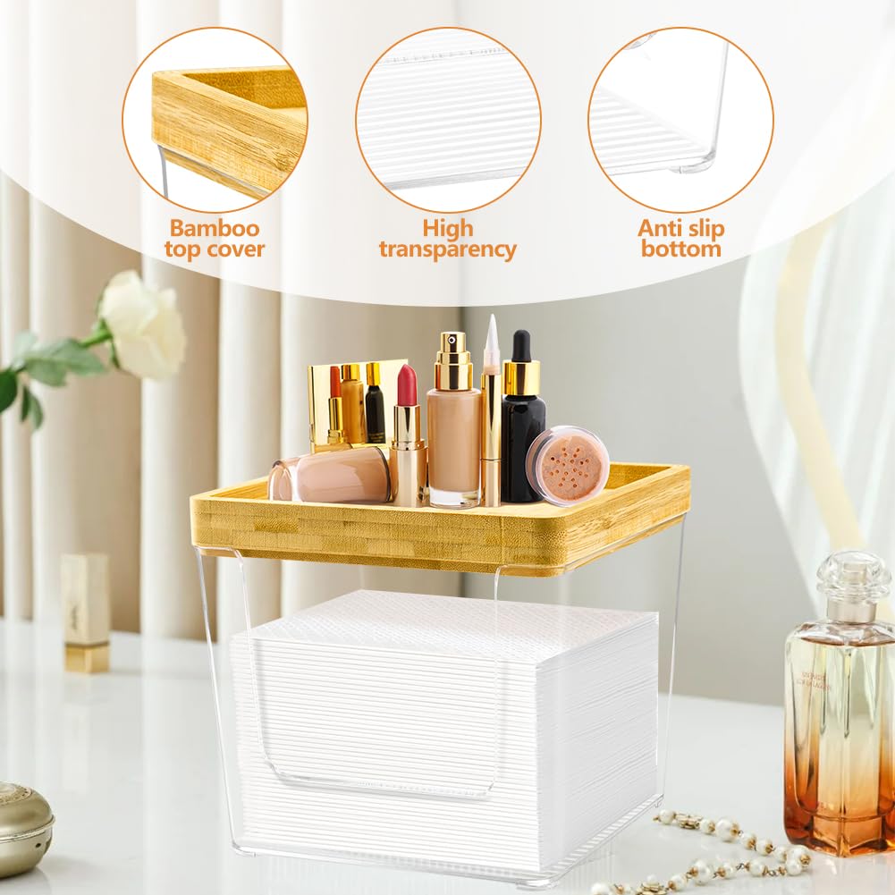 GRETJOB Disposable Face Towel Holder Box, Acrylic Facial Container for XL Clean Skin Club, Large Storage With Bamboo Lid Towel Organizer Container for Bathroom, Vanity Makeup, Clear