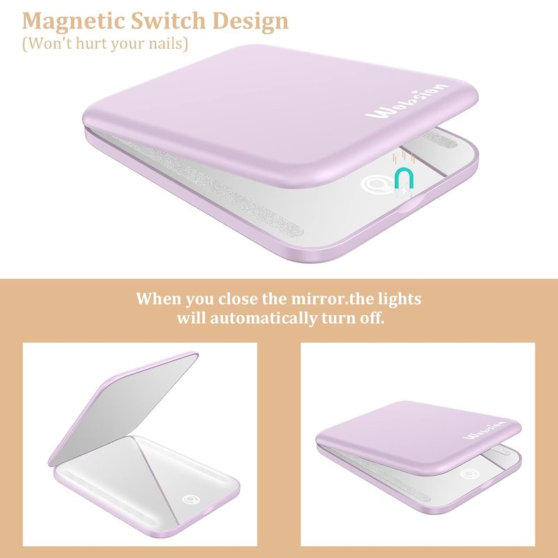 Rechargeable Travel Makeup Mirror with Light - 1x/3x Magnification, 3 Color Modes | Compact & Portable, Purple