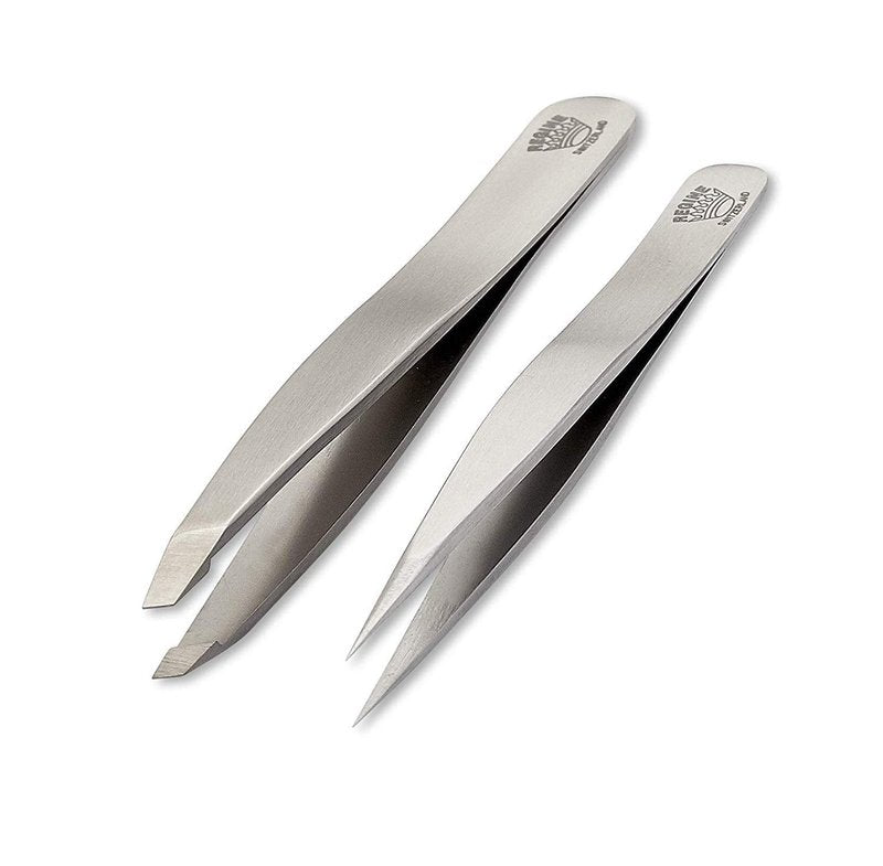 Regine Switzerland Slant & Splinter Tweezer Set - Precision Point & Slant Tweezers for Eyebrow, Ingrown Hair & Splinter Removal - Fine Tip for Women & Men - Silver Stainless Steel 2pcs