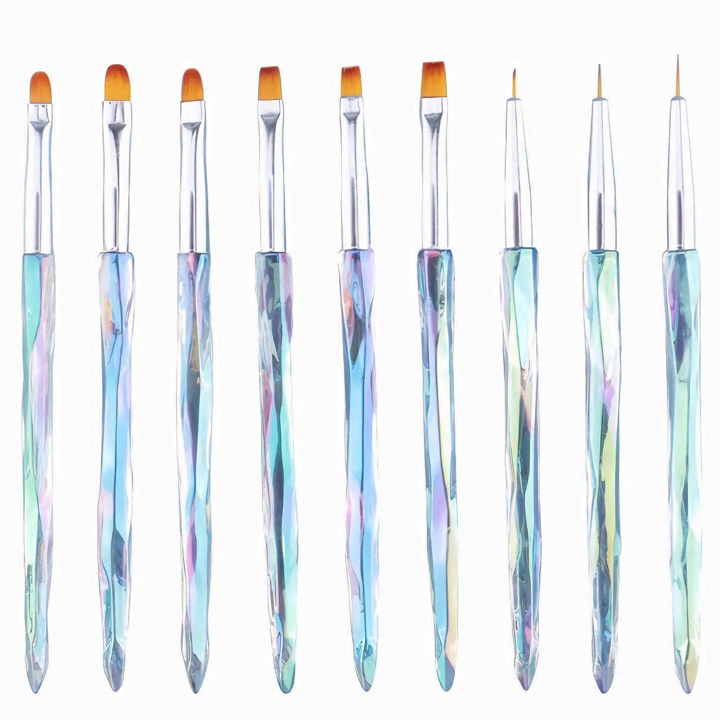 9pcs Crystal Nail Art Brush Set – Acrylic Gel Brushes for Nail Design, Liner & Flat Tips, Iridescent Handle, Professional Manicure Tool Kit for DIY or Salon Use