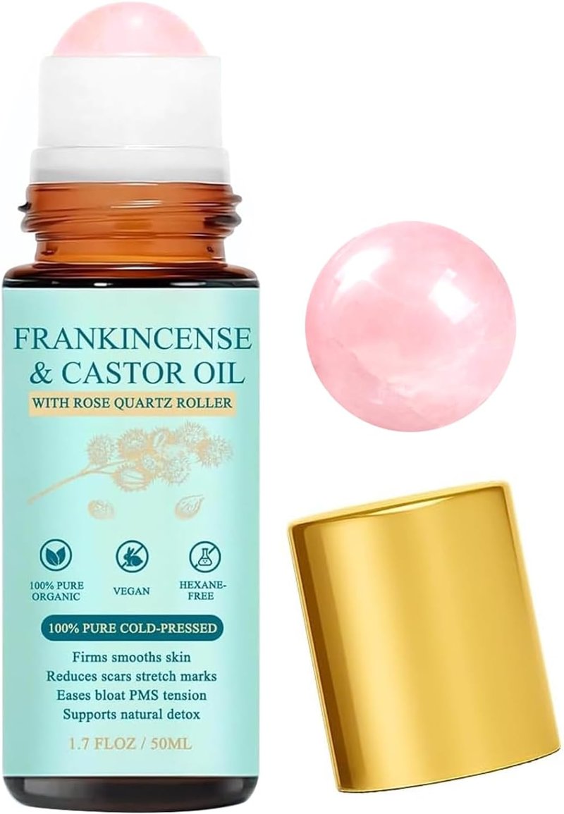 Organic Castor Oil Roll-On with Rose Quartz Roller | 100% Cold Pressed, Moisturizing for Face, Body & Hair - 1.7 fl oz