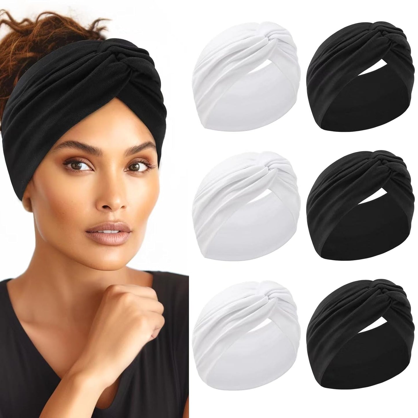 Extra Wide Headbands for Women - 7" Large Cotton Turban Knotted Bandana | 3Pcs White & 3Pcs Black