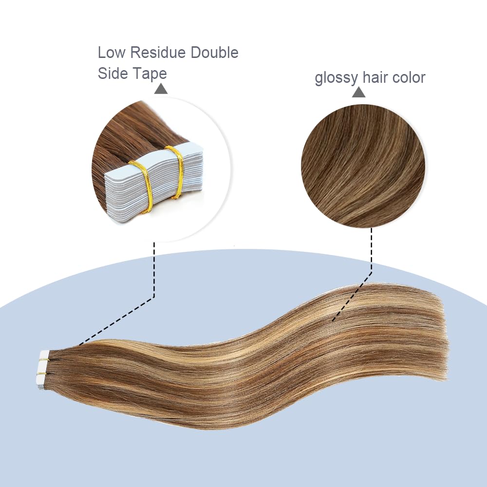 Tape In Hair Extensions 24 Inch HuxoWax P4/27 Straight Hair Extensions Double Weft Highlight Brown VirgIn Soft And Silky Remy Hair