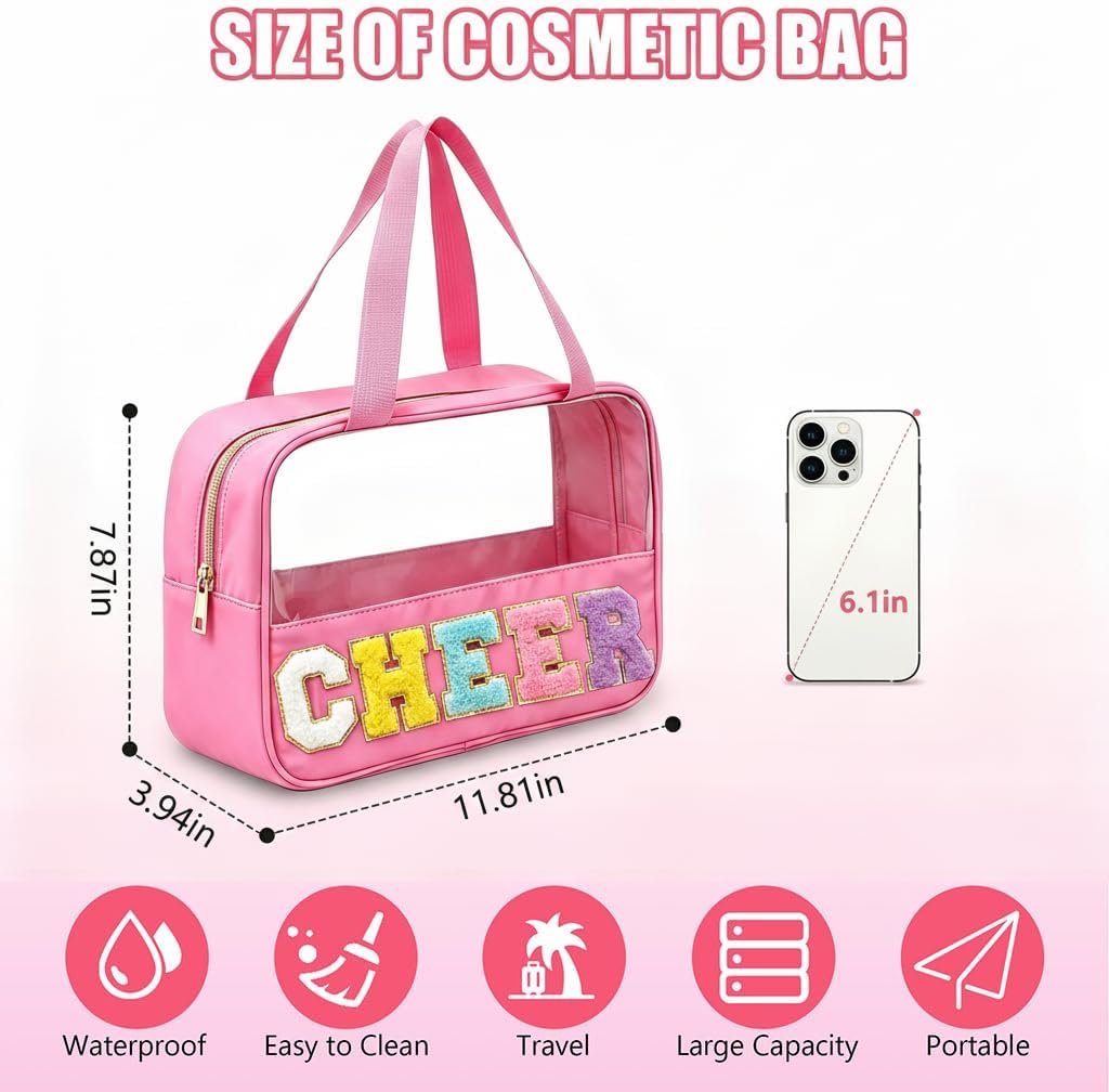 Cheer Makeup Bag - Chenille Letter Patch Clear Cosmetic Organizer | Waterproof Nylon Toiletry Bag for Cheerleaders