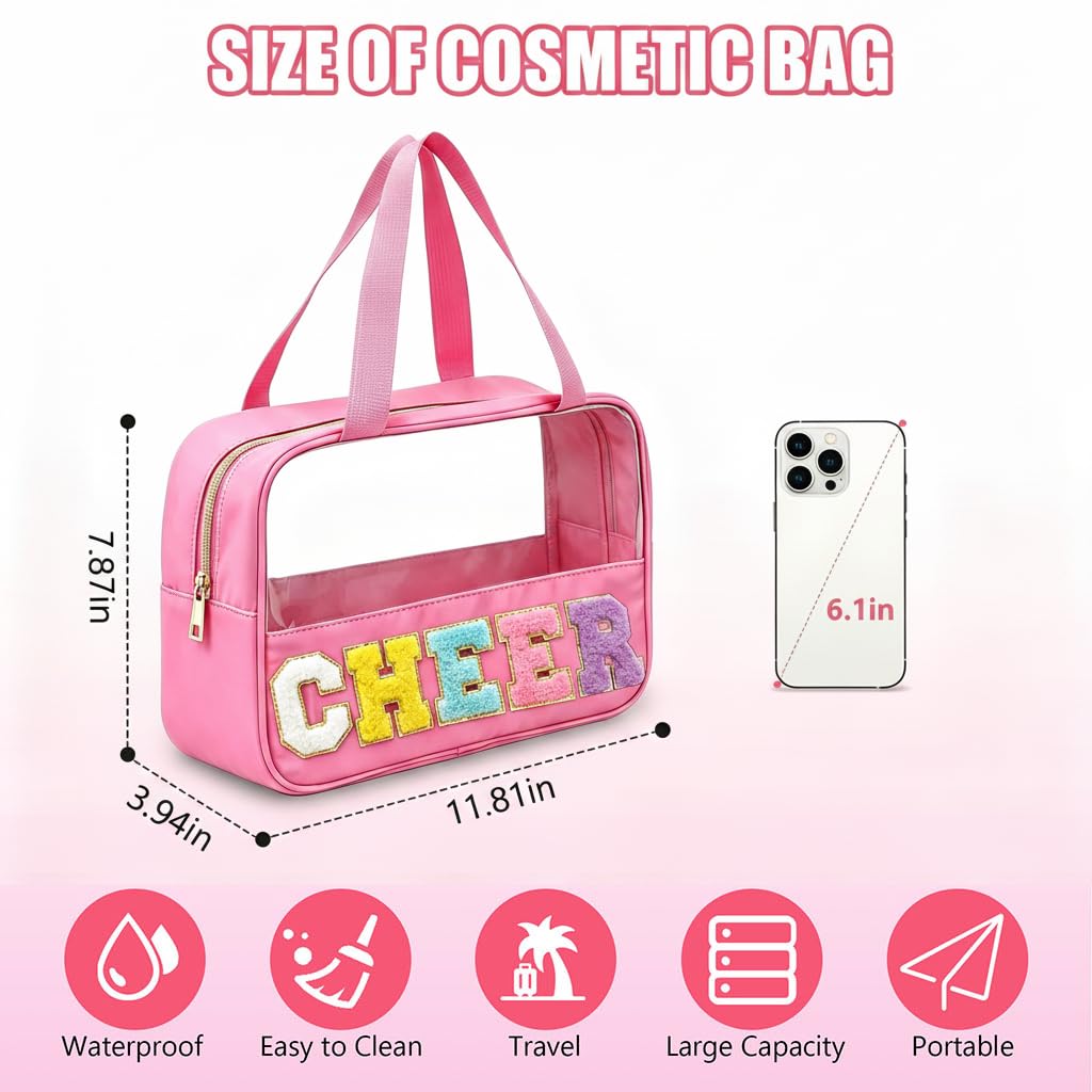 Cheer Makeup Bag, Cheerleader Gifts for Team, Chenille Letter Patch Clear Cosmetic Bag with Handle and Zipper, Waterproof Nylon Travel Toiletry Organizer for Girls Women, Cheer Competition Must Haves