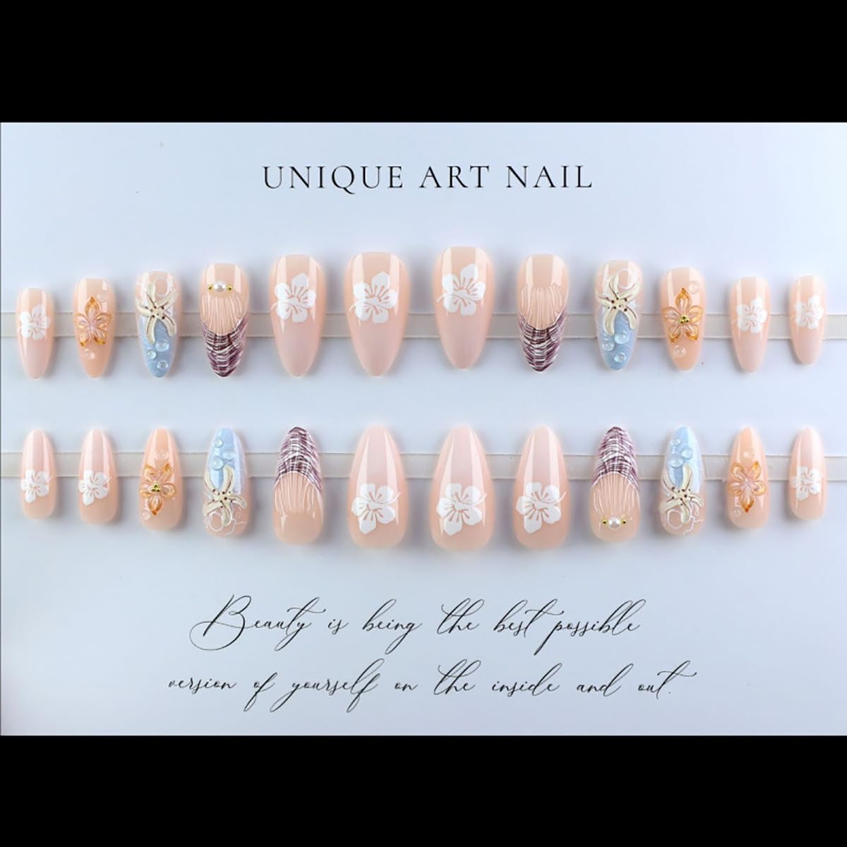 Summer Beach Press-On Nails Set - 24Pcs Medium Almond Floral Design with 3D Starfish & Seashell | Full Cover Ocean Manicure for Women