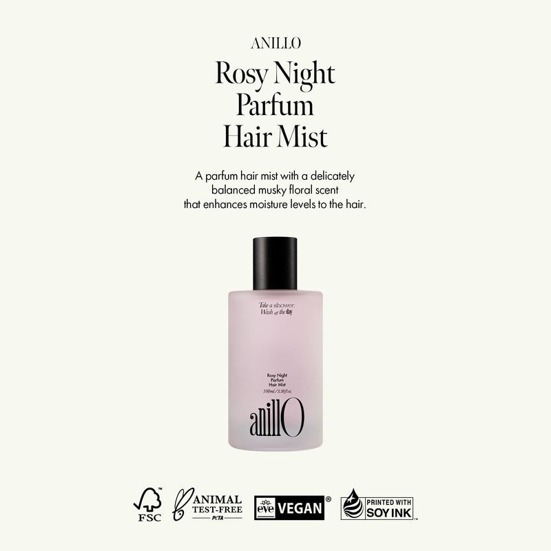 ANILLO Rosy Night Vegan Hair Perfume Long-Lasting Floral Musky Scented with Damask Rose Extract, Rosehip Oil, Peptide Complex for All Hair Type, Free of Silicone & Parabens (3.38 fl. Oz)