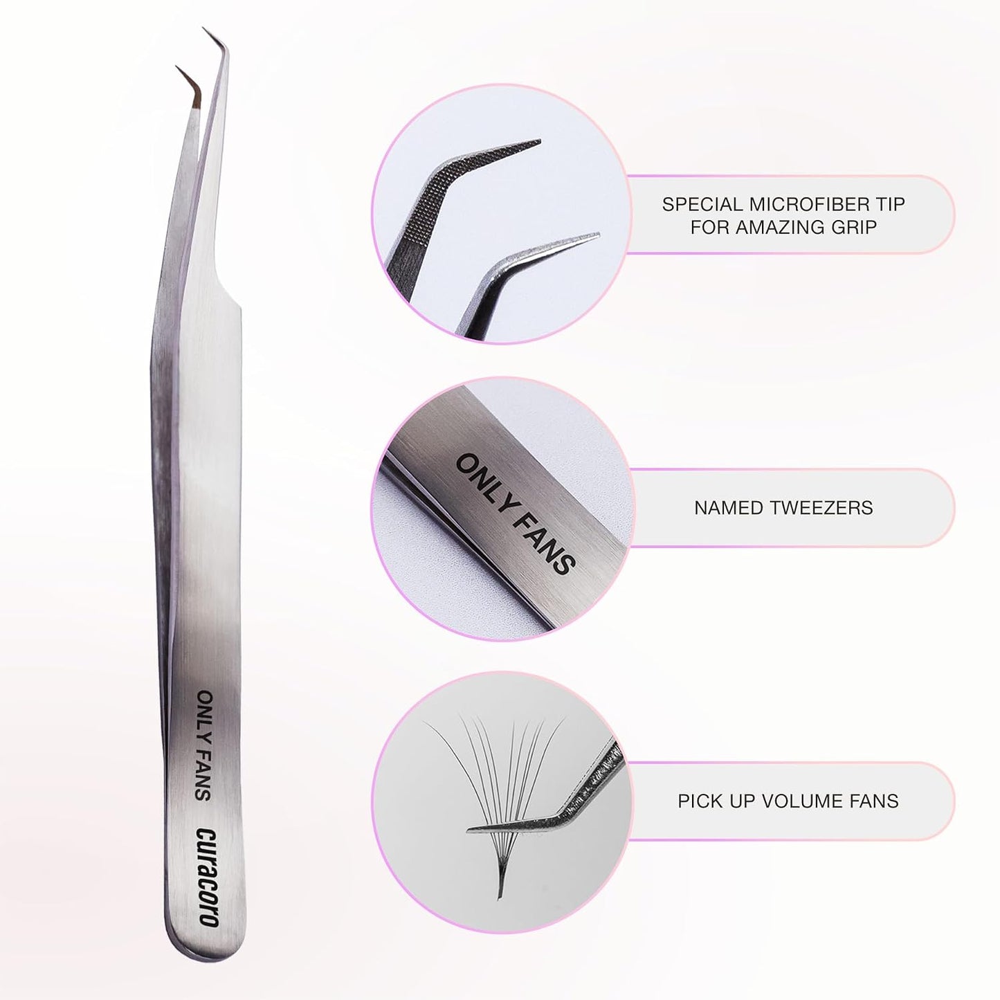 Curacoro Lash Tweezer - Precision Fiber Tip Grip for Eyelash Extensions | Multi-Shape Silver Tweezers for Volume & Isolation