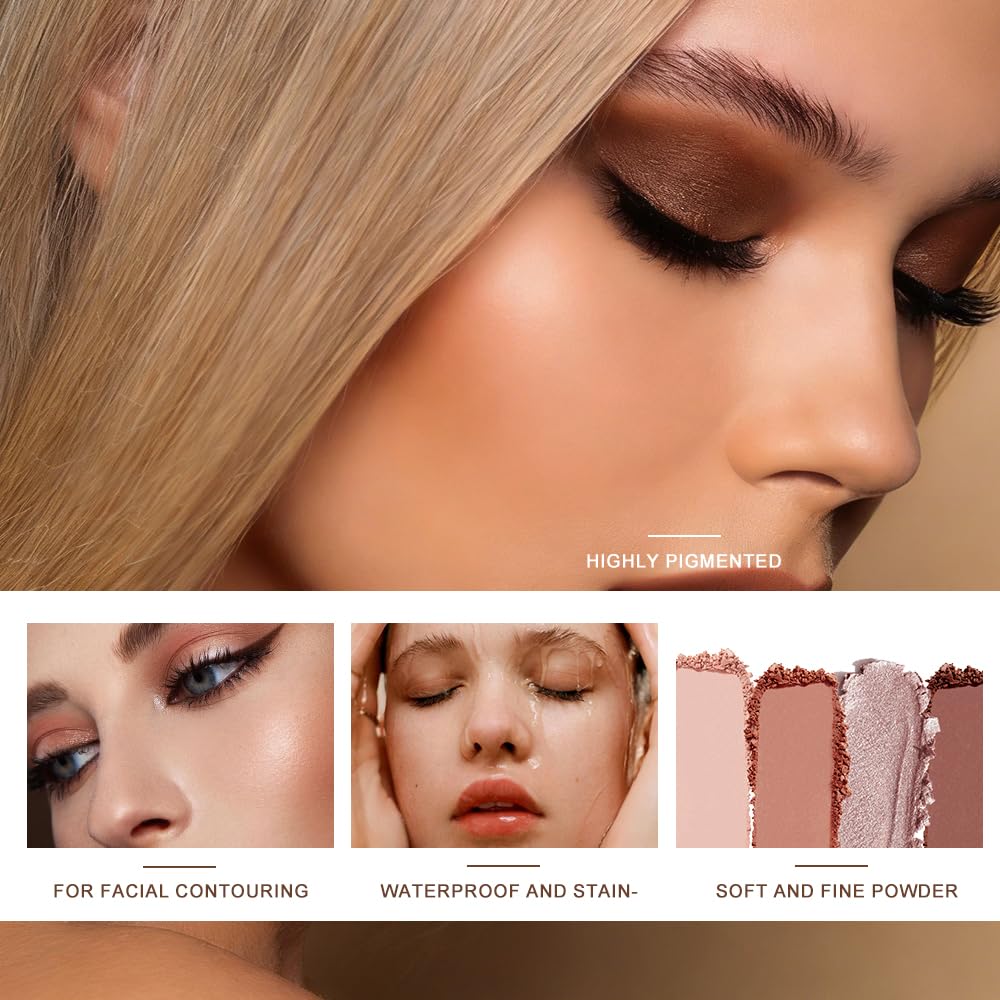 Baked Face Trio Palette, Highlighter Blush Contour &Eyeshadow All in One, Silky Smooth Blendable Powder, Natural Low Saturation Shades, Color Rich Waterproof Long-Lasting Makeup Palette for Daily-B03