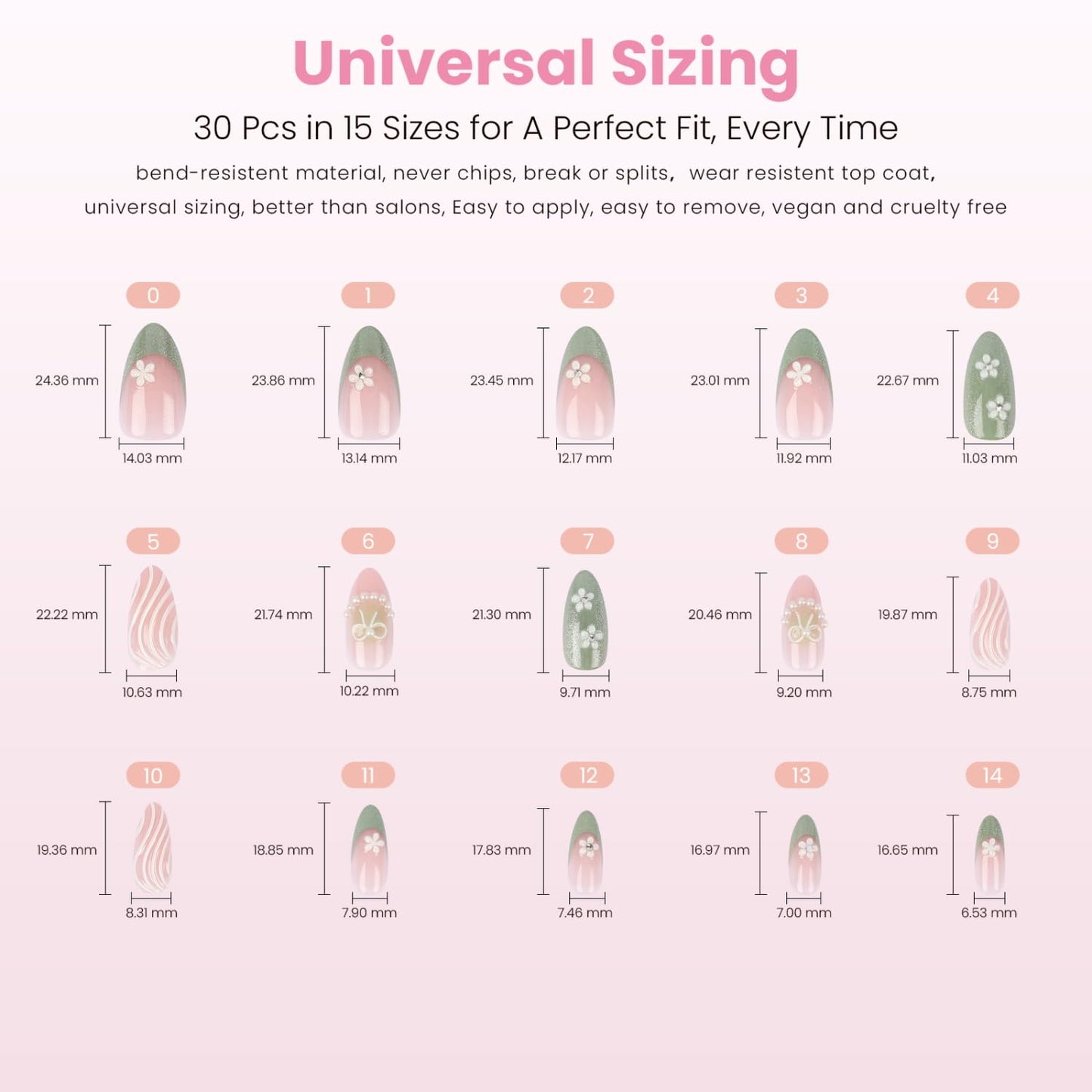 Floral French Press-On Nails - Garden of Pearls | Short Almond Design on Pink Green Shimmer Base - 30 Reusable Nails in 15 Sizes for Women