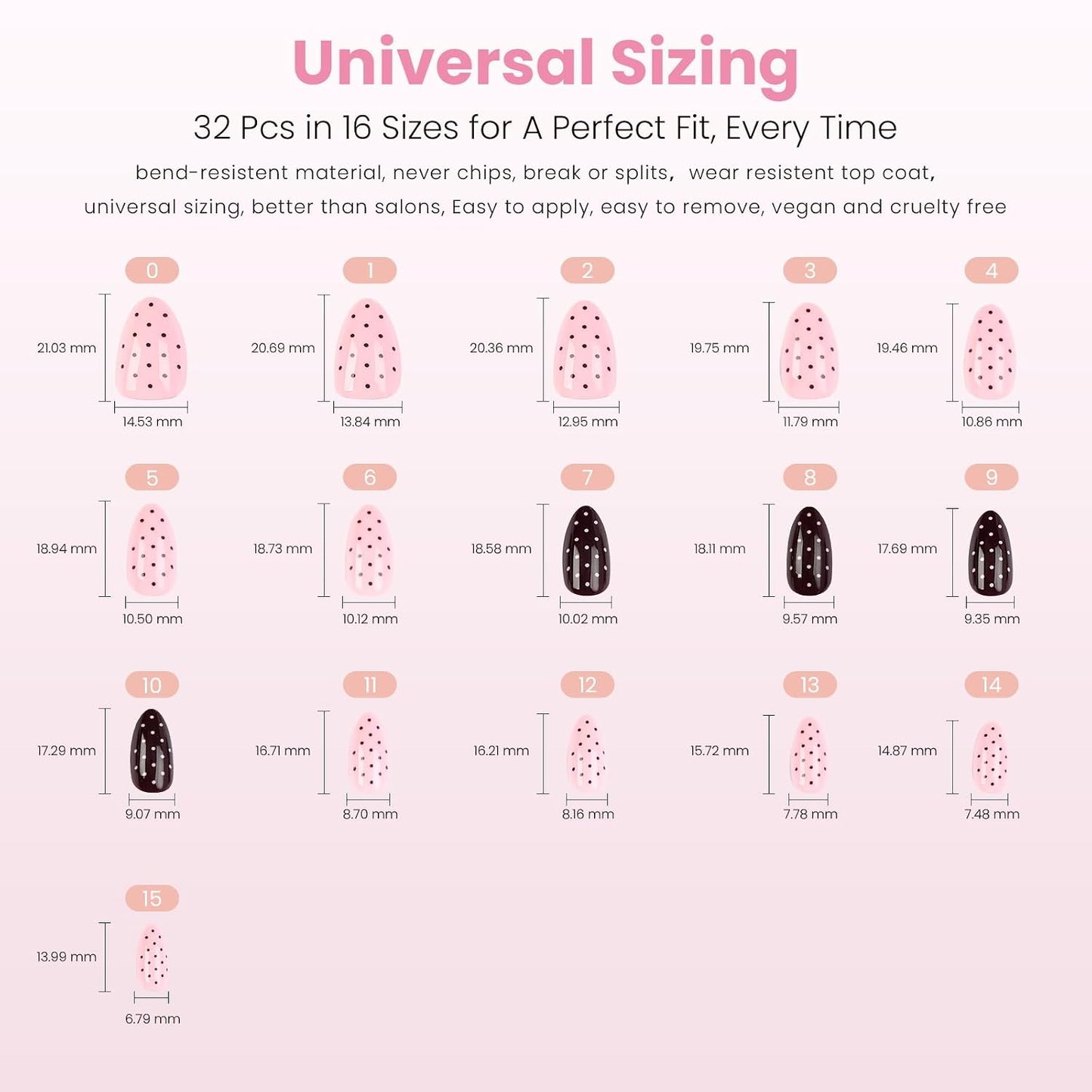 Nail Reformation Press On Nails - Polka Dot Short Almond Fake Nails | Rich Brown & Creamy Pink, Reusable 32 Nail Kit in 16 Sizes