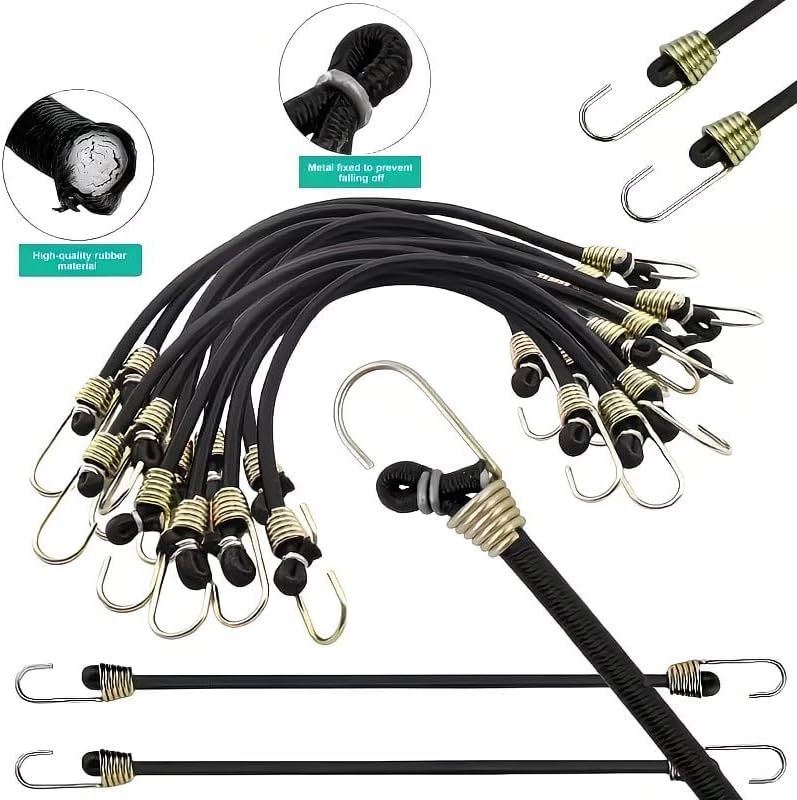 Heavy Duty Bungee Cords - 10 Pack Black Elastic Straps with Metal Hooks for Camping, Tent & Bike Use