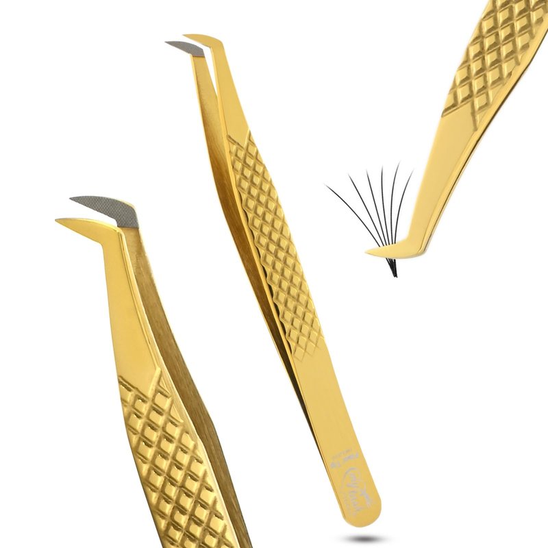 Mega Volume Fiber Grip Lash Tweezer – Boot Tip, Diamond Grip, Professional Stainless Steel, Precision Lash Extension Tool for Volume Fans, Classic, and Mega Volume Eyelash Extensions (Gold)