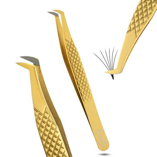 Mega Volume Fiber Grip Lash Tweezer – Boot Tip, Diamond Grip, Professional Stainless Steel, Precision Lash Extension Tool for Volume Fans, Classic, and Mega Volume Eyelash Extensions (Gold)