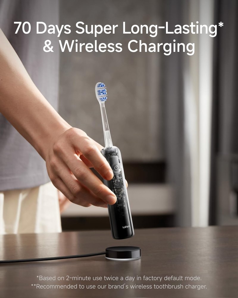 Laifen Wave Pro Sonic Electric Toothbrush for Adults – 2026 Model, 60° Oscillations for Ultra-Clean, Smart App, 70-Day Battery, 2 Brush Heads (Transparent Black)