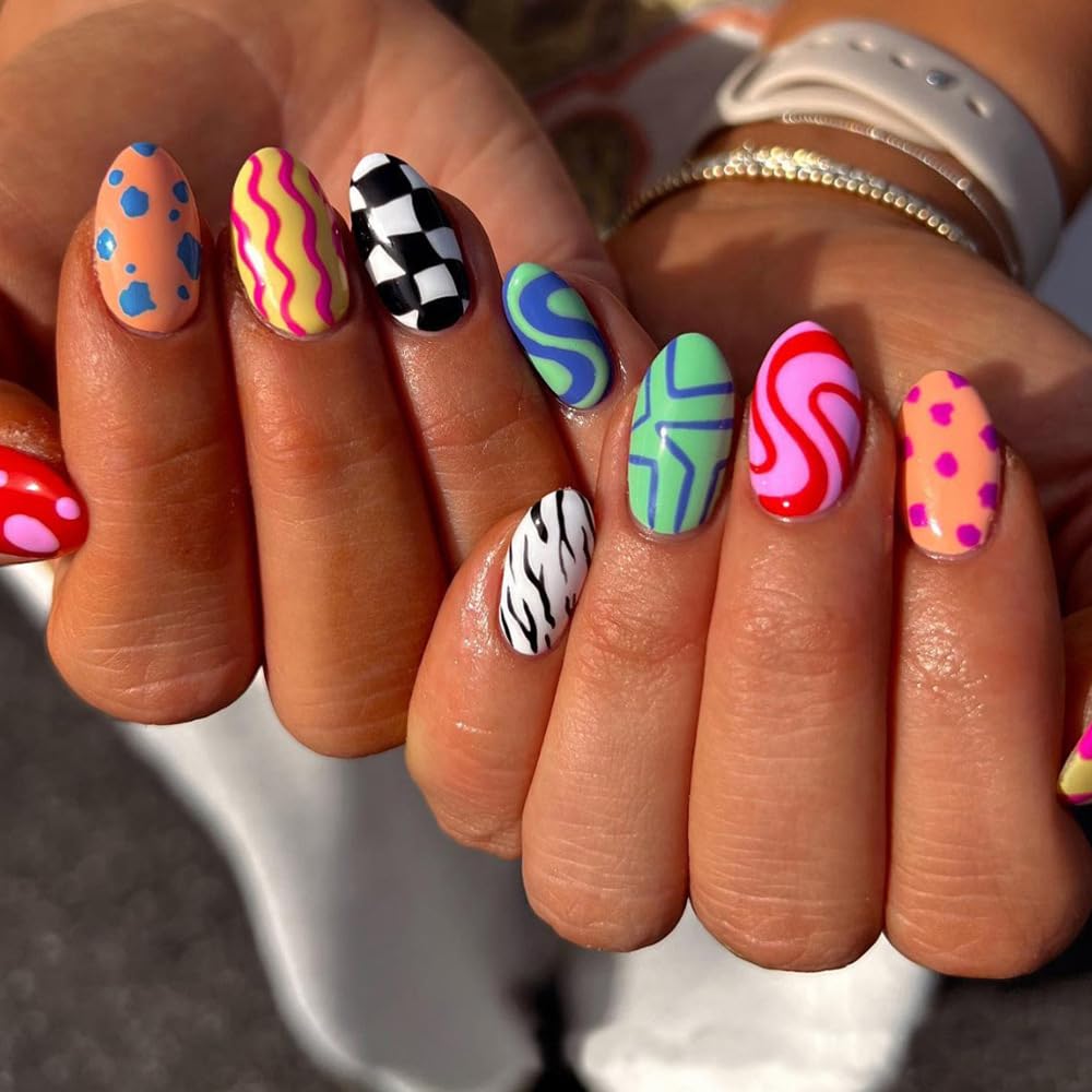 Colorful Press-On Nails - Almond Shaped Acrylic with Checkered Striped Design | 24 Pcs Summer Glossy Full Cover