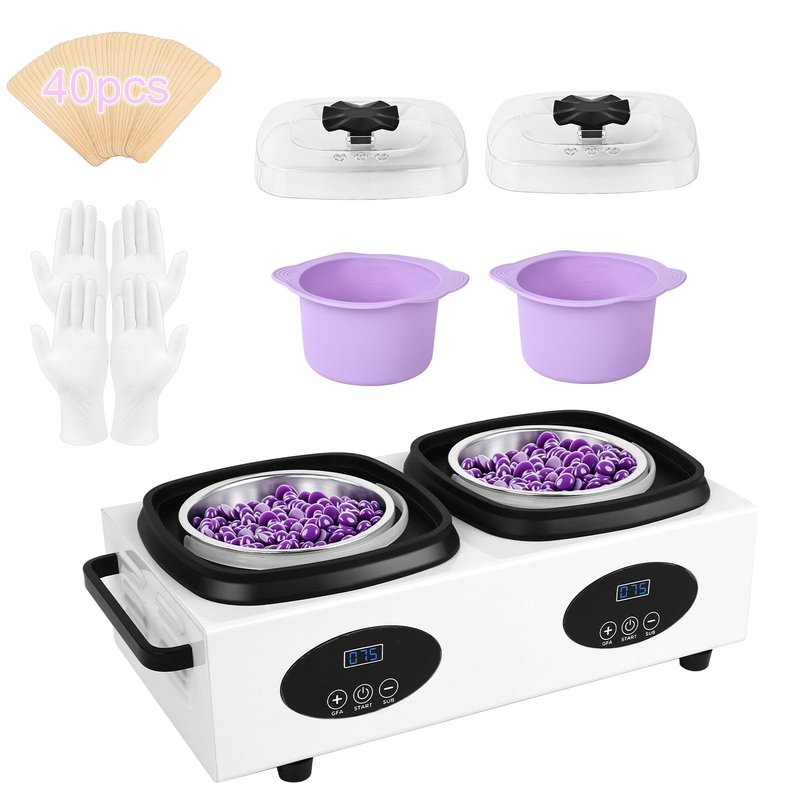 Beauty Star Digital Double Wax Warmer Machine - Hard Wax Pot Heater, Professional Kit with 2 Silicone Bowls, 40 Waxing Sticks & 4 Gloves for Hair Removal at Home, Salon or Spa for Women
