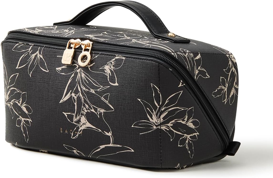 Travel Makeup Bag - Large Capacity Waterproof Cosmetic Pouch | Open Flat Design (Brown)