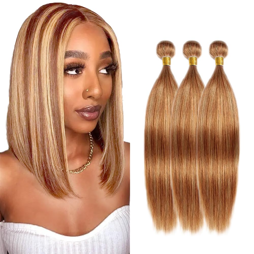 Huxowax P27/30 Straight Highlight Blonde Human Hair Extensions Light Brown Weave 3 Bundles Total 300g Doubles Weft Human Hair Bundles 18 20 22 Inch