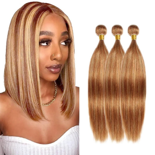 Huxowax P27/30 Straight Highlight Blonde Human Hair Extensions Light Brown Weave 3 Bundles Total 300g Doubles Weft Human Hair Bundles 18 20 22 Inch
