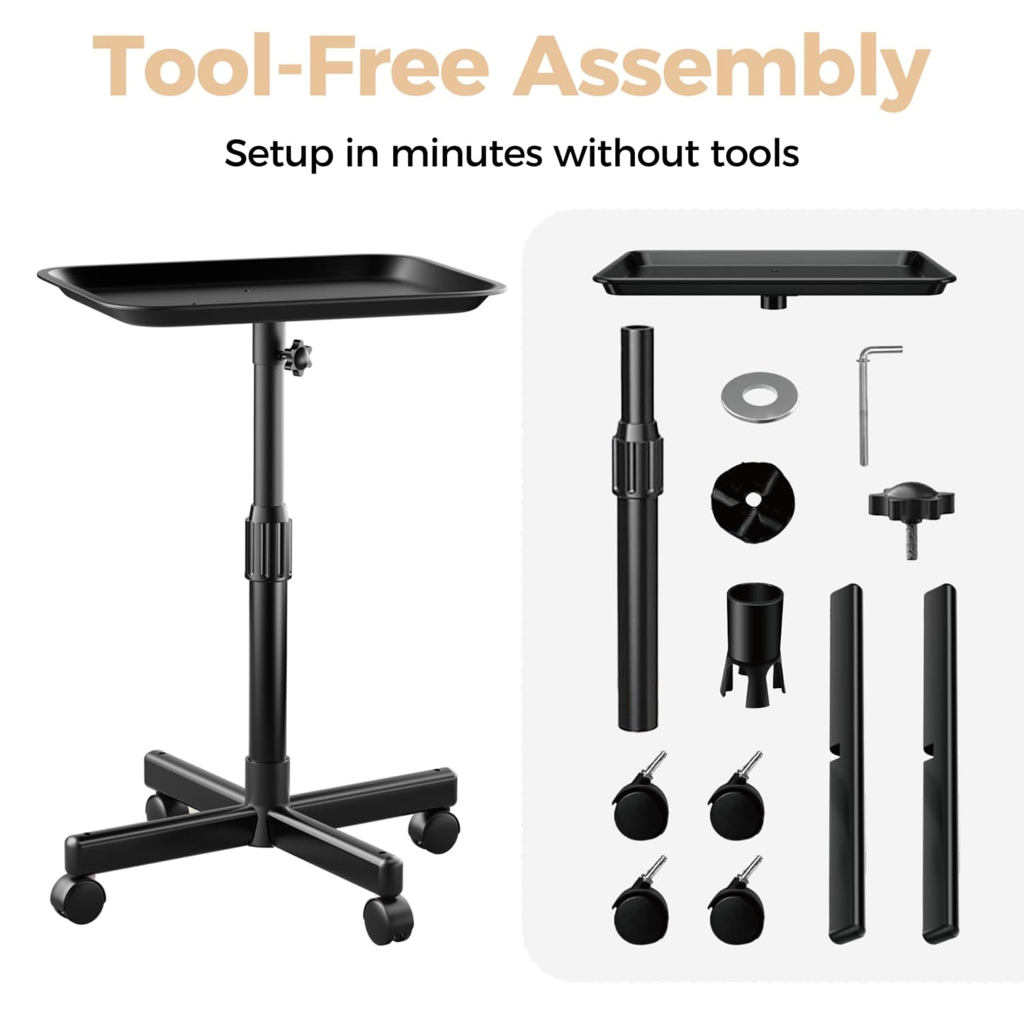 VERYTOP Back-Saving Salon Tray on Wheels, Adjustable Height (25-36inch) Rolling Cart for Hair Stylists, Tattoo Artists, Lash Techs—Spa Clinic Home Salon Trolley (36inch-Black, 12.3×16inch)